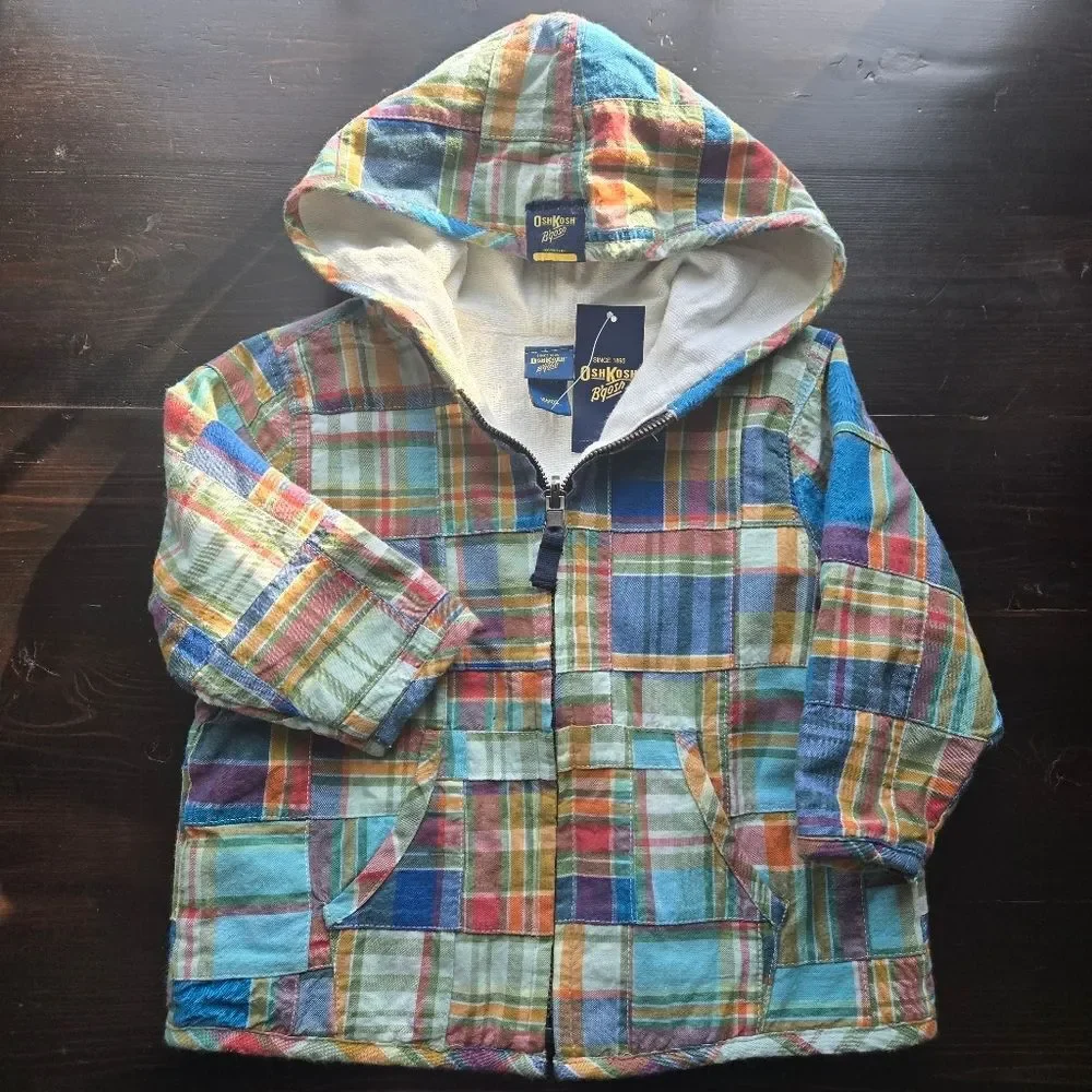 Oshkosh Toddler Kids Unisex Patchwork Full Zip Hooded Jacket 18m NWT